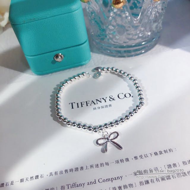 Tiffany純銀飾品 蒂芙尼女士專櫃爆款風蝴蝶結手鏈 蒂芙尼櫻花粉藍色雙心琺瑯手鏈  zgt1726